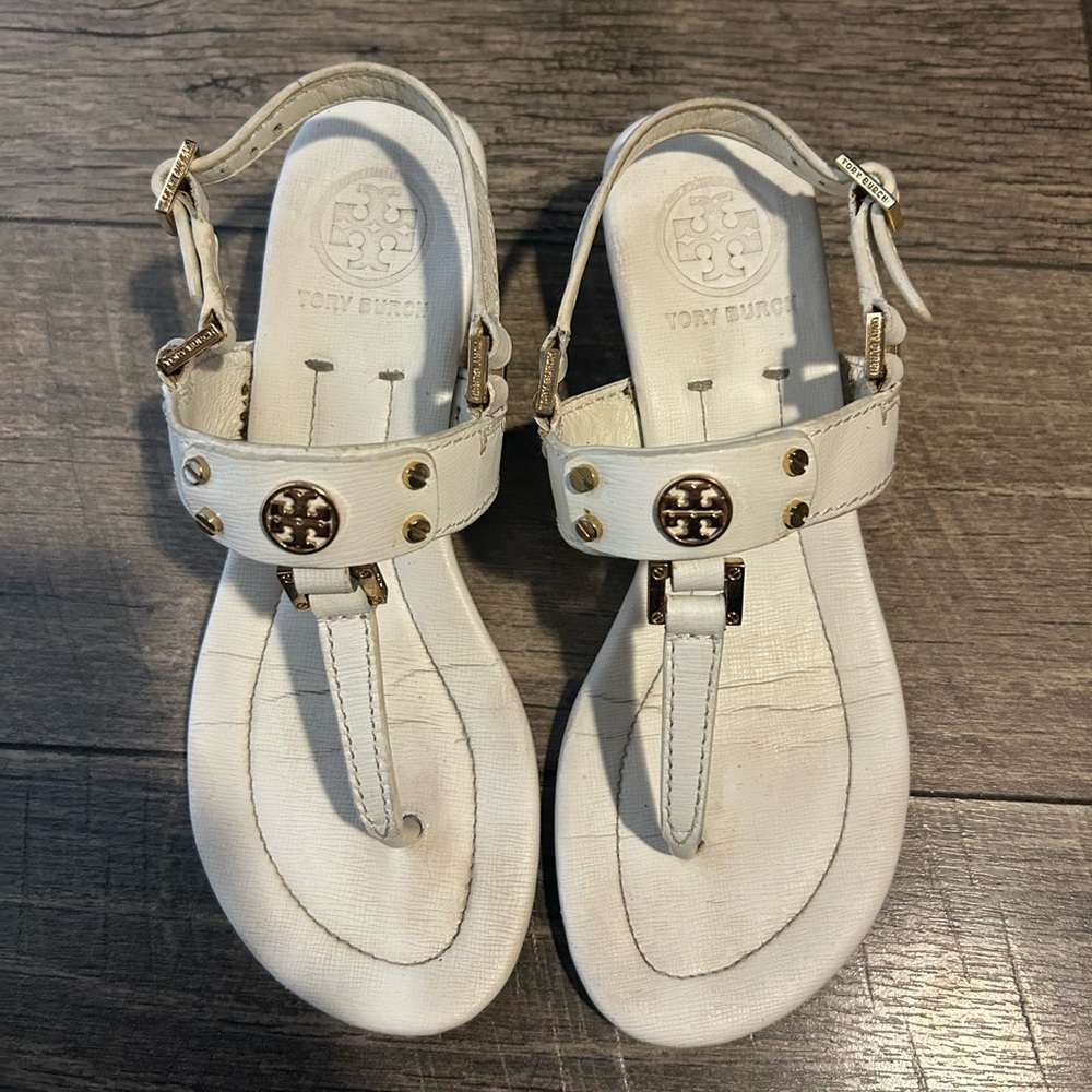 Tory Burch White and Gold Sandals